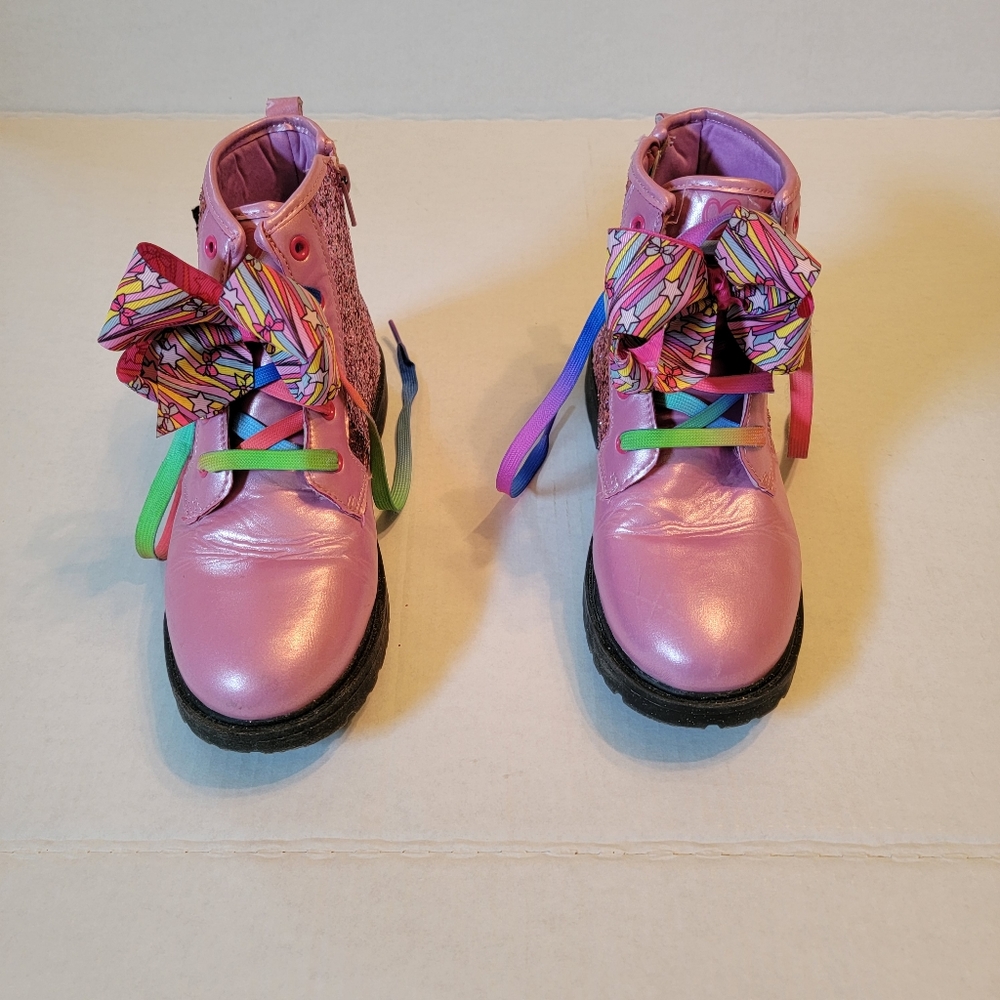 EUC! GIRLS JOJO SIWA Shimmer Pink Ankle Boots Rainbow Stars Bows SIZE 5